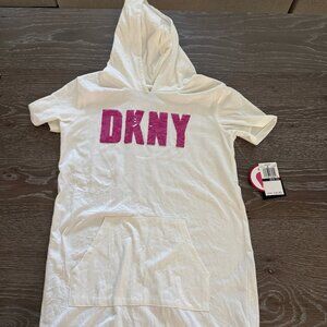 NWT!  Girl DKNY white/pink sequin hooded t-shirt short sleeve dress size M 8/10